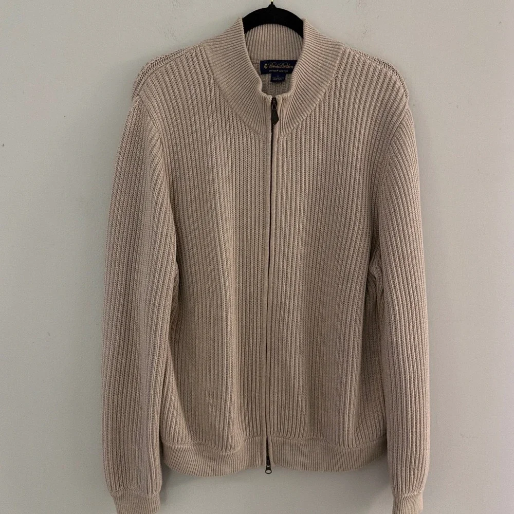 Brooks Brothers Mens Supima Cotton Full Zip Ribbed Cardigan Sweater‎ Beige L